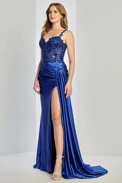 Adora Design 3257 Pleated Applique Long Formal Slit Prom Dress In Blue