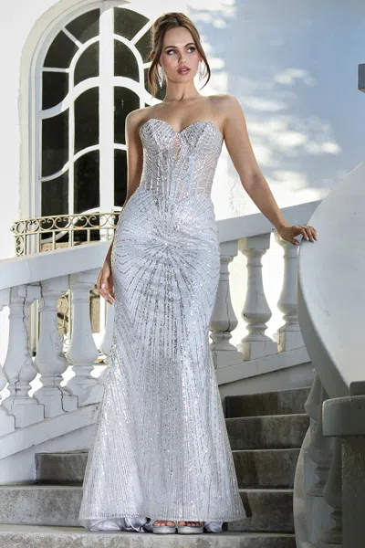 Adora Design 3263 Fitted Prom Long Formal Glitter Evening Dress In Gray