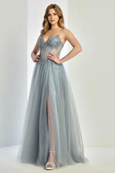 Adora Design 3269 Prom Long A Line Corset Beaded Formal Dress In Silver