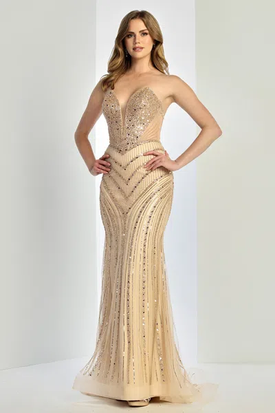 Adora Design 3282 Prom Fitted Long Formal Beaded Dress In Neutral