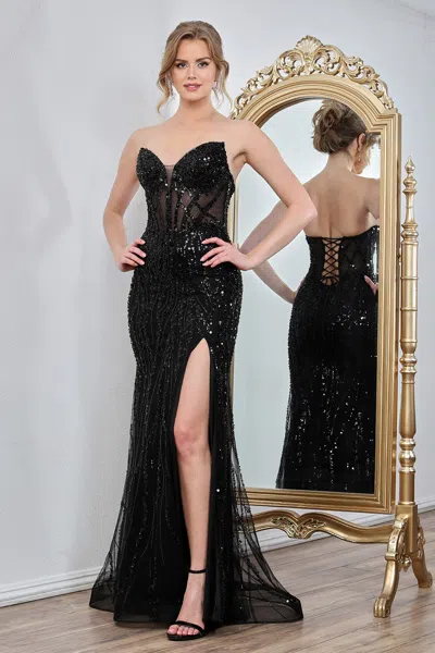 Adora Design 3283 Prom Long Beaded Corset Fitted Formal Dress In Black