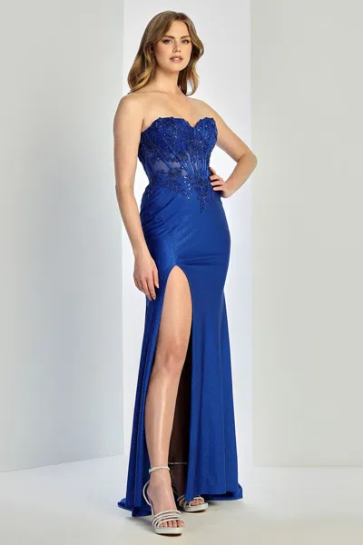 Adora Design 3286 Fitted Long Formal Lace Applique Corset Prom Dress In Blue