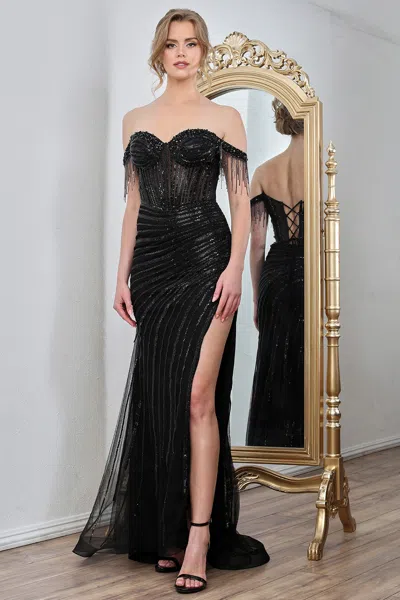 Adora Design 3296 Fitted Long Formal Beaded Prom Corset Dress In Black