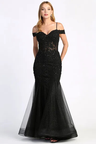 Adora Design Adora 3005 Long Beaded Lace Formal Corset Prom Dress In Black
