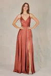 Adora Design Adora 3013 Long A Line Formal Slit Pocket Prom Dress In Brown