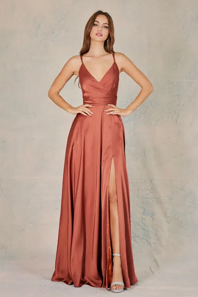Adora Design Adora 3013 Long A Line Formal Slit Pocket Prom Dress In Brown
