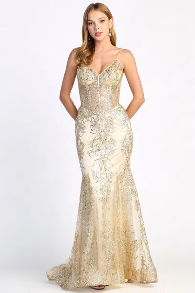 Adora Design Adora 3053n Mermaid Long Formal Glitter Applique Prom Dress In Gold