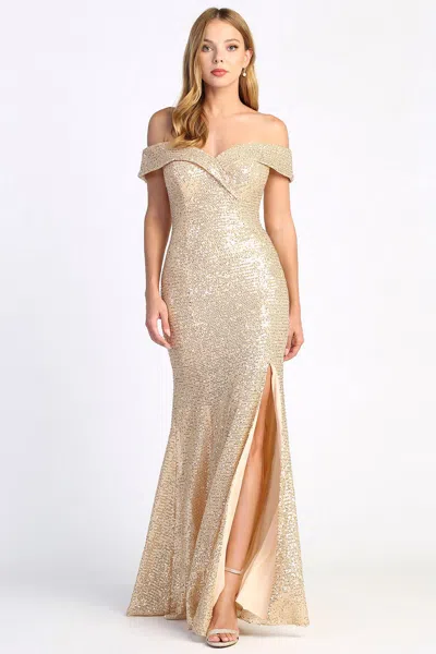 Adora Design Adora 3059 Prom Long Fitted Sequin Slit Formal Dress In Gold