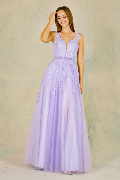 Adora Design Adora 3085 Long Formal A Line Glitter Lace Prom Dress In Purple