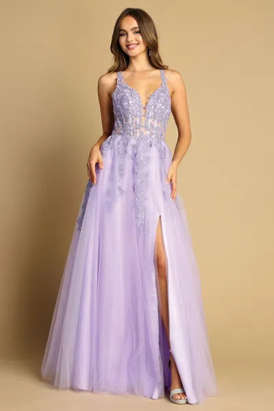 Adora Design Adora 3088 Long Slit Prom A Line Lace Fomal Dress In Purple