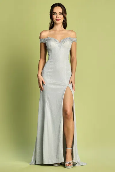 Adora Design Adora 3092 Metallic Prom Long Fitted Formal Dress In Silver