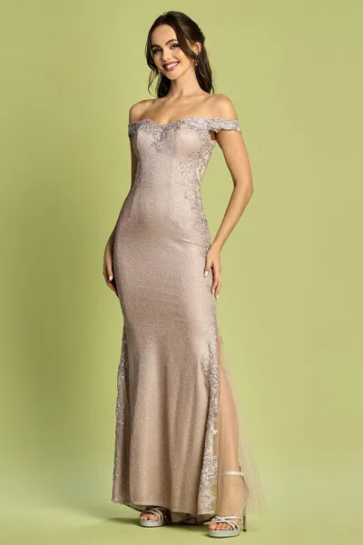 Adora Design Adora 3118 Prom Long Mermaid Metallic Glitter Formal Dress In Neutral