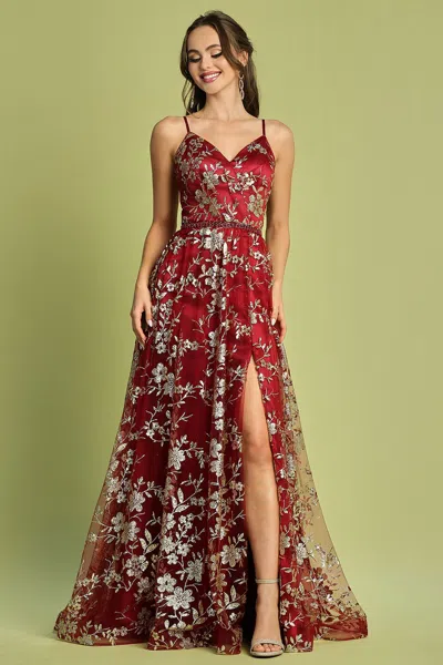 Adora Design Adora 3137 Long Formal A Line Glitter Floral Print Prom Dress In Burgundy