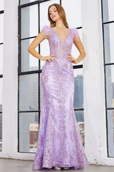 Adora Design Adora 3148 Glitter Long Printed Prom Mermaid Formal Dress In Purple