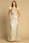 Adora Design Adora 3151 Formal Long Printed Glitter Prom Dress In Gold