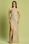 Adora Design Adora 3152 Long Formal Fitted Sequin Ruched Prom Dress In Gold