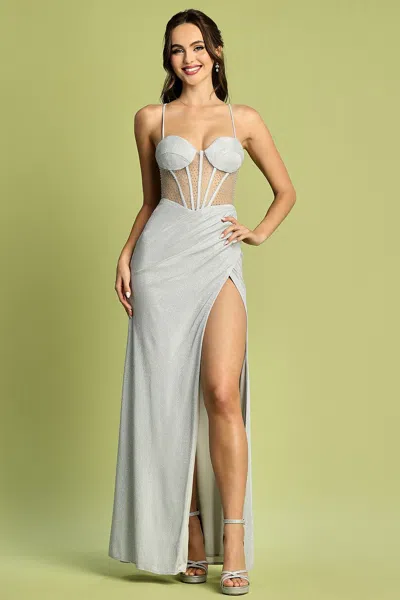Adora Design Adora 3155 Prom Long Slit Glitter Formal Dress In Silver
