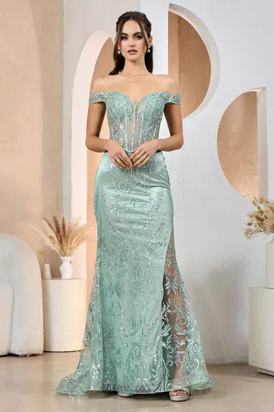 Adora Design Adora 3168 Long Formal Glitter Print Mermaid Prom Dress In Green