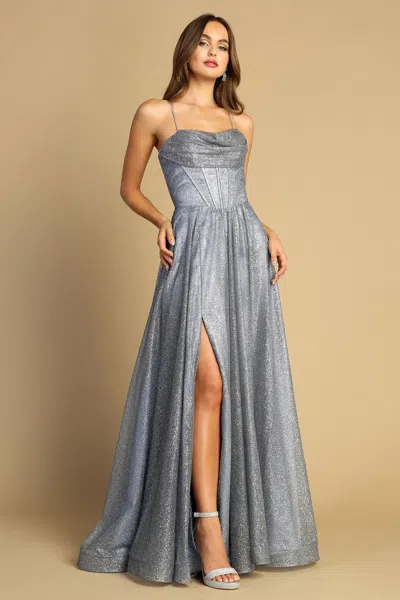 Adora Design Adora 3170  A Line Long Corset Formal Glitter Prom Dress In Blue