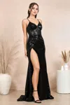 Adora Design Adora 3186 Prom Long Slit Sequin Detail Formal Dress In Black