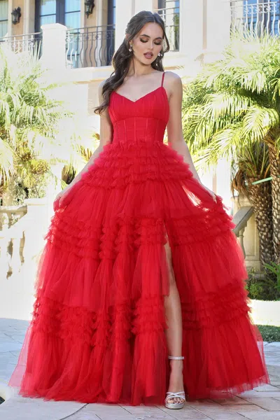 Adora Design Adora 3202 Long Formal Layered Ruffle Prom Dress In Red
