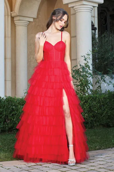 Adora Design Adora 3209 Long Prom Layered Slit Formal Dress In Red