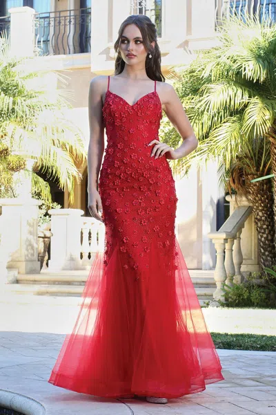 Adora Design Adora 3212 Long Fitted Formal Beaded Floral Mermaid Prom Dress In Red