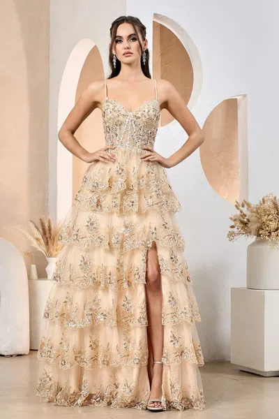 Adora Design Adora 3217 Long A Line Sequin Lace Formal Prom Dress In Neutral