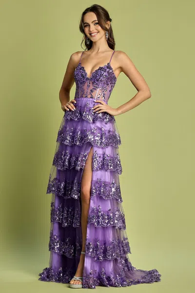 Adora Design Adora 3218 Long Sequin A Line Ruffle Formal Prom Dress In Purple