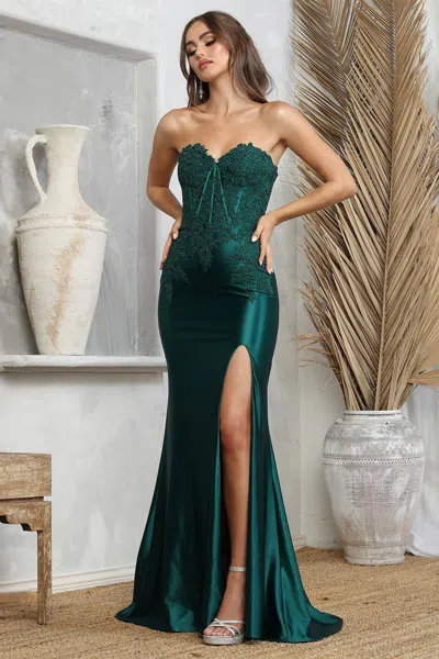 Adora Design Adora 3223 Long Formal Fitted Slit Prom Dress In Green
