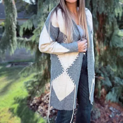 Adora Diamond Knit Cardigan In Oatmeal & Gray In Multi