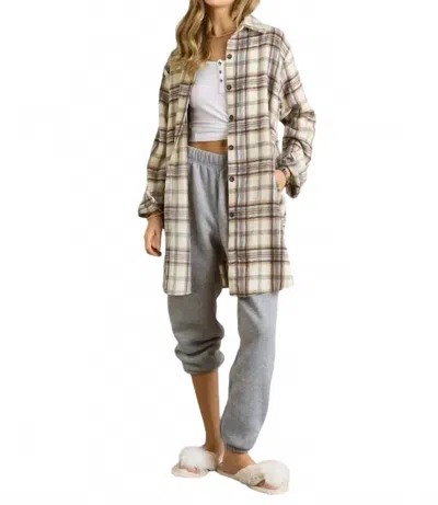 Adora Long Sleeve Duster Flannel Shacket In Cream In Gray