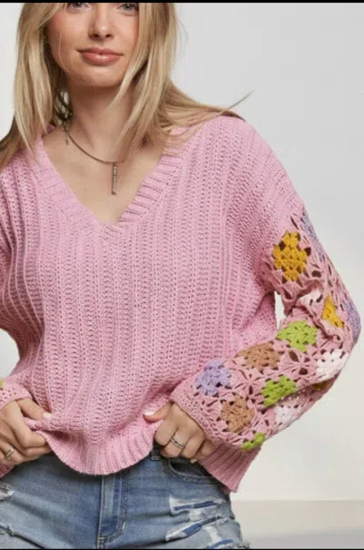 Adora Long Sleeve Knit Floral Sweater In Pink