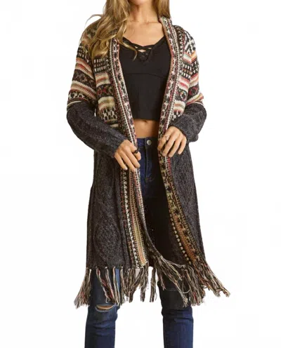 Adora Maya Fringe Hem Aztec Cardigan In Black In Multi