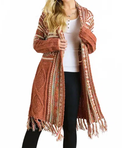 Adora Maya Fringe Hem Aztec Cardigan In Rust In Multi