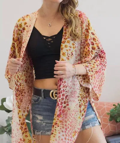 Adora Open Front Leopard Print Kimono In Pink In Brown
