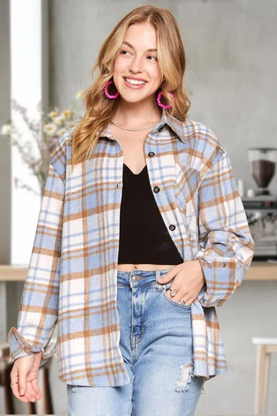 Adora Plaid Flannel Shacket With Long Sleeve In Blue Multi