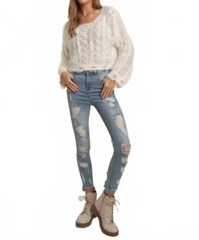 Adora Popcorn Fuzzy Sweater Crop Top In White
