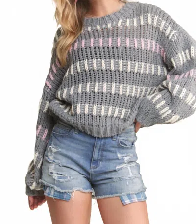 Adora Puffy Sleeve Chunky Knit Sweater In Grey/multi