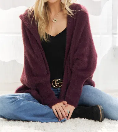 Adora Soft Fuzzy Sweater Hoodie Cardigan In Eggplant In Beige