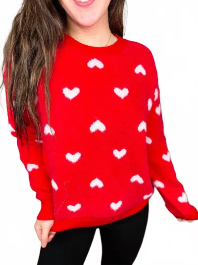 Adora Spinning Hearts Knit Long Sleeve Sweater Top In Red