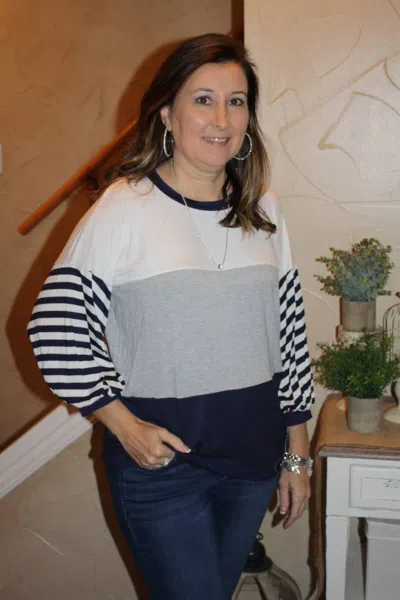 Adora Striped Long Sleeve Top In Navy In Gray