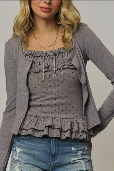 Adora Two Piece Polka Dot Cami With Cardigan In Grey In Gray