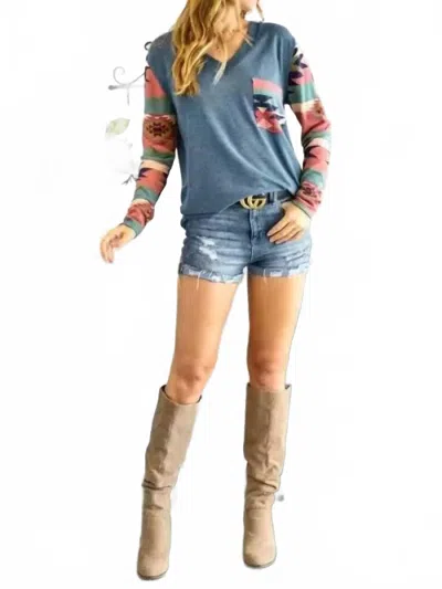 Adora V Neck Long Sleeve Top In Teal Aztec In Blue