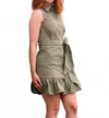 Adora Waist Tie Button Down Dress With Ruffle Hem In Olive Green In Gray