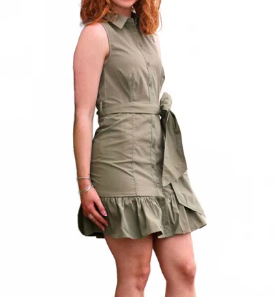 Adora Waist Tie Button Down Dress With Ruffle Hem In Olive Green In Gray