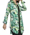 Adore Button Down Satin Print Tunic Blouse In Green Multi In Green