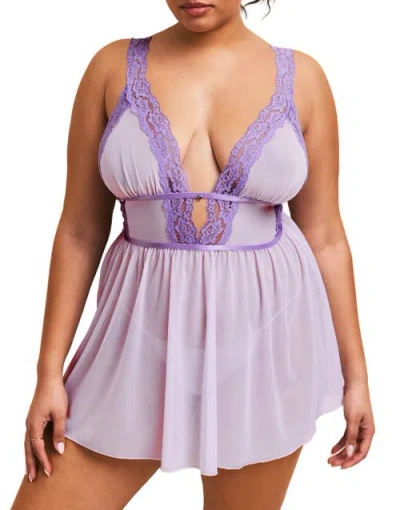 Adore Me Adalee Babydoll & G-string Set Lingerie In Light Purple