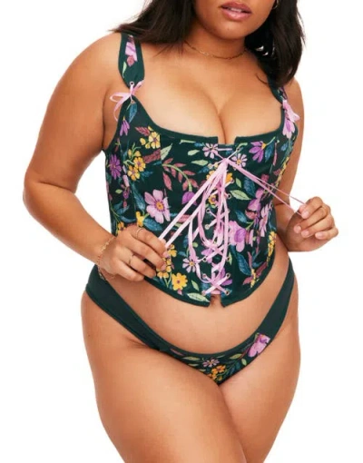 Adore Me Alex Corset & Panty Set In Floral Green