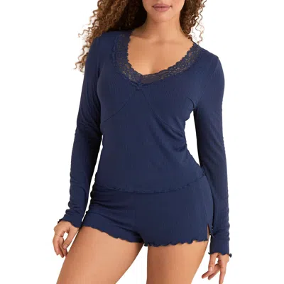Adore Me Brooks Pajama Long Sleeve Top & Shorts Set In Blue